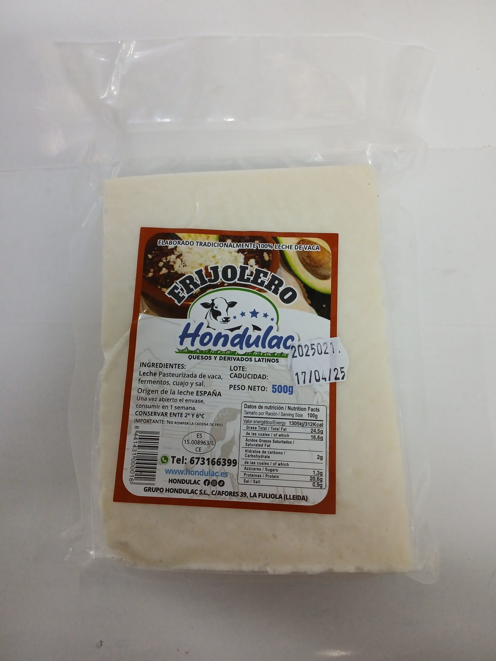 Queso frijolero hondureño Hondulac formato familiar de 500g